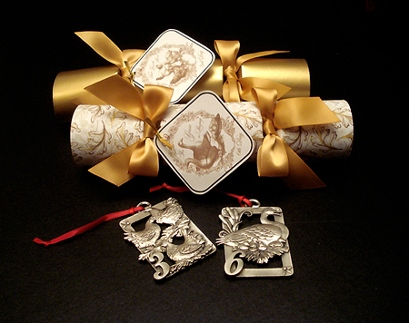 12 Days of Christmas Crackers with pewter Christmas ornaments.