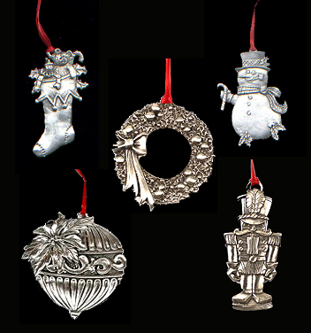 Artisan hand-made pewter Christmas ornaments -  stocking, wreathe, snowman, tree ornament, nutcracker